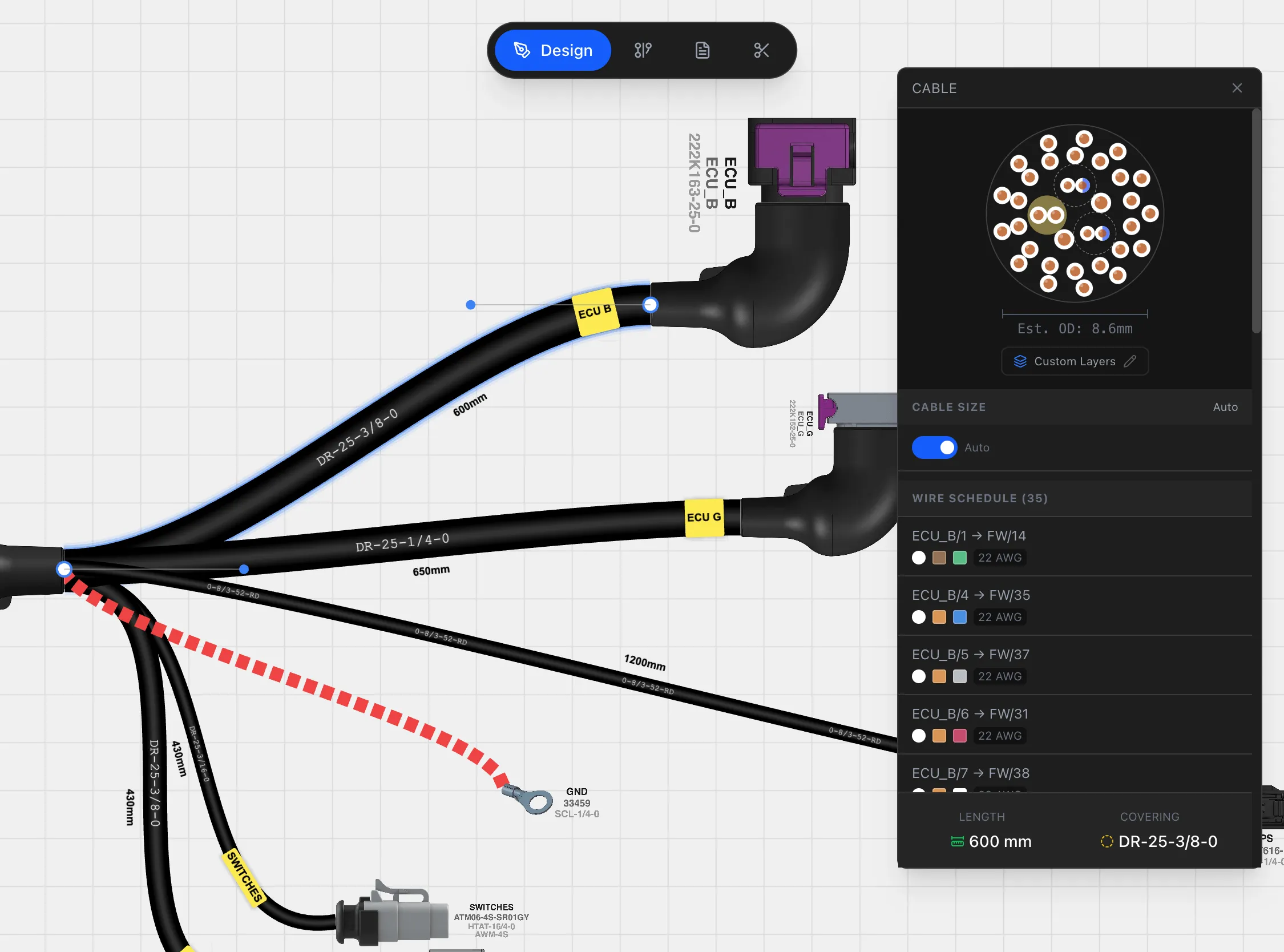 The inline cable inspect panel floating over the design
            canvas, showing cross-section and wire details