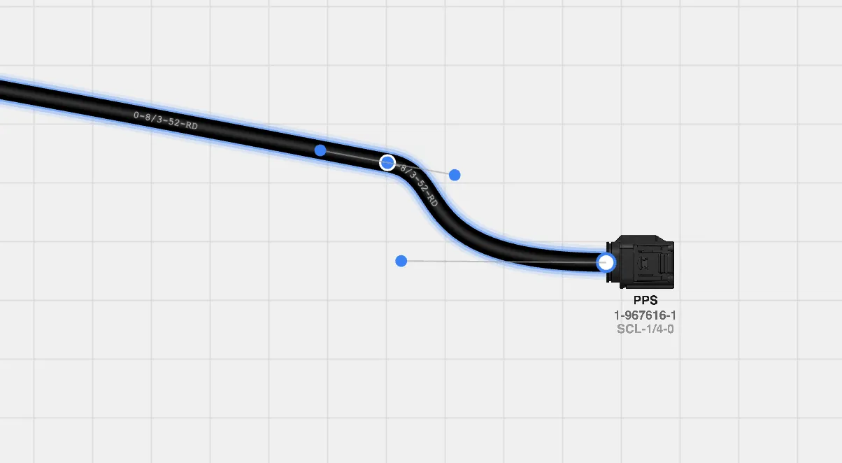 A cable with waypoints and tangent handles visible, showing the curve being reshaped by dragging a waypoint