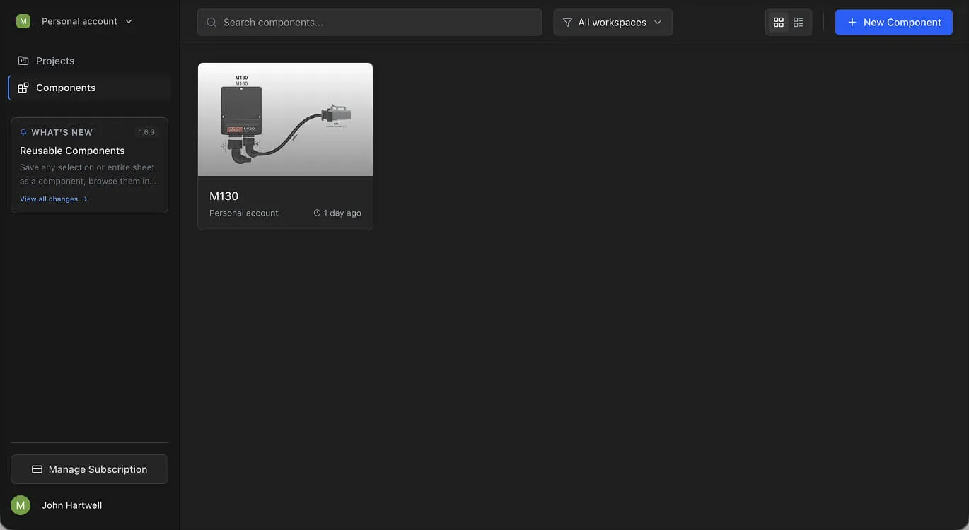 The Components listing page showing a grid of saved reusable components with thumbnails