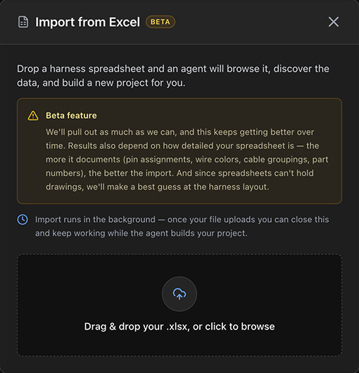 The Import from Excel dialog with the file drop zone and Beta badge