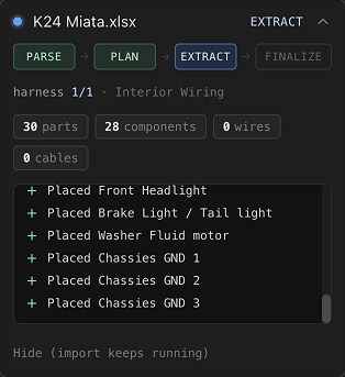 The import progress dock showing phase updates and the streaming feed of agent steps
