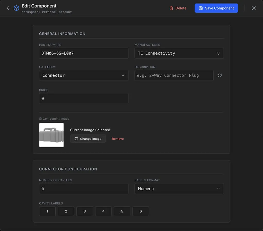 The part editor dialog showing manufacturer, part number, description, and price fields