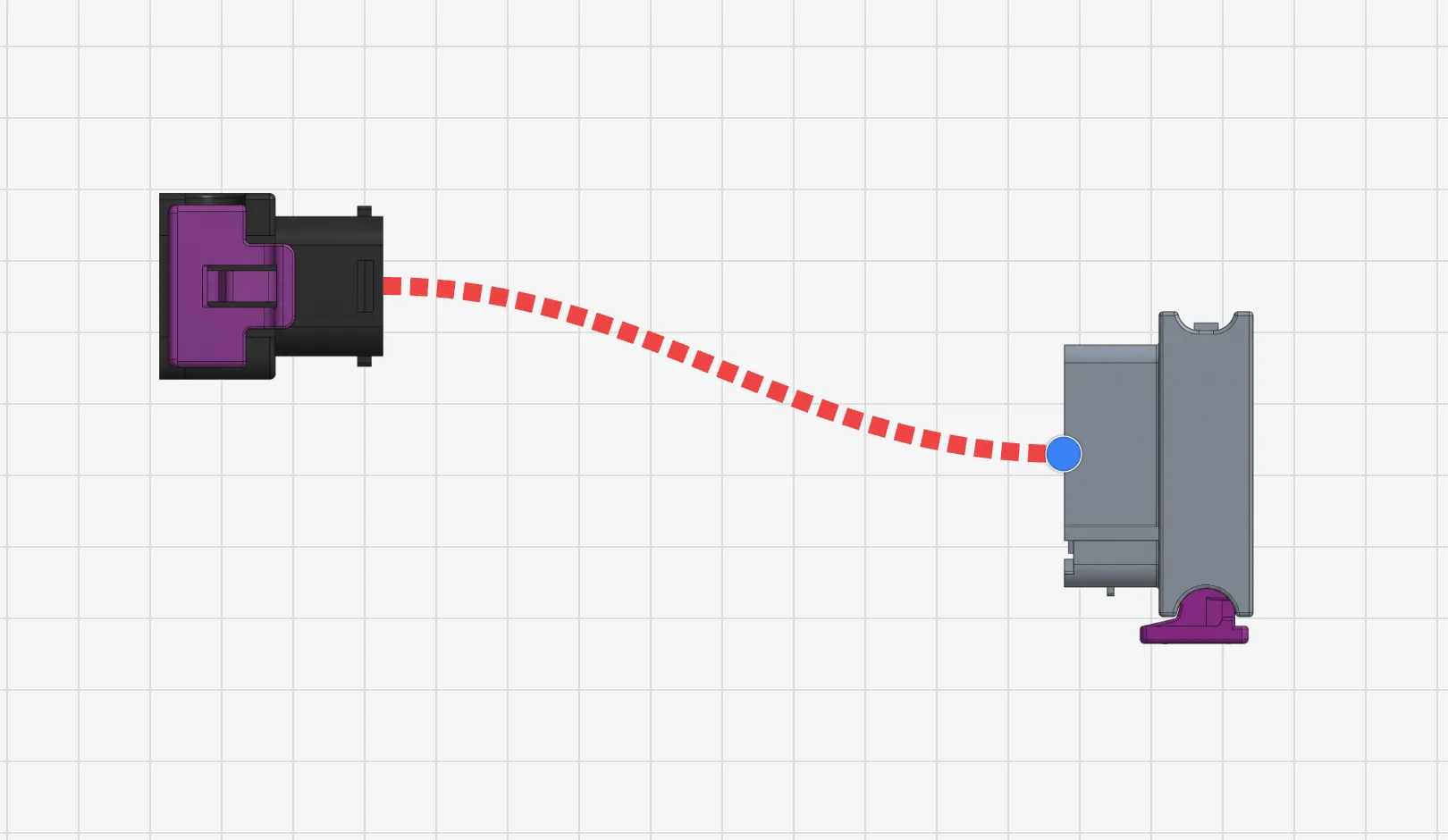 A cable being drawn between two connectors with the blue dashed line visible